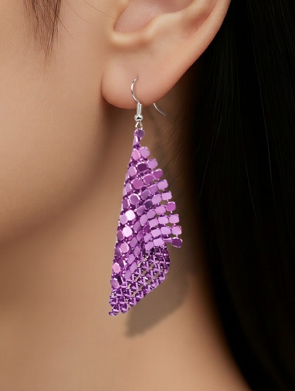 Fuschia Sparkly Sequin Mesh Statement Dangle Earrings Pink Purple Party Glam